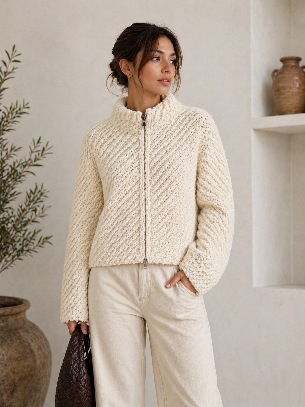 United Nations Colors Cream Chunky Knit Zip Cardigan Sweater Wool Blend S